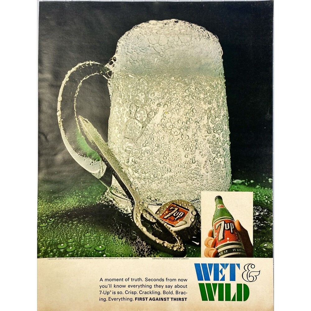 7 UP "Wet and Wild" First Against Thirst Vintage Print Ad 1967